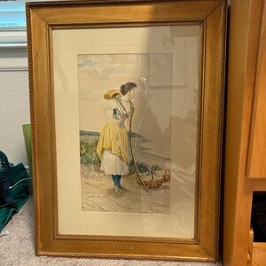 Framed Coastal Woman Watercolor Art Print in Gold Frame
